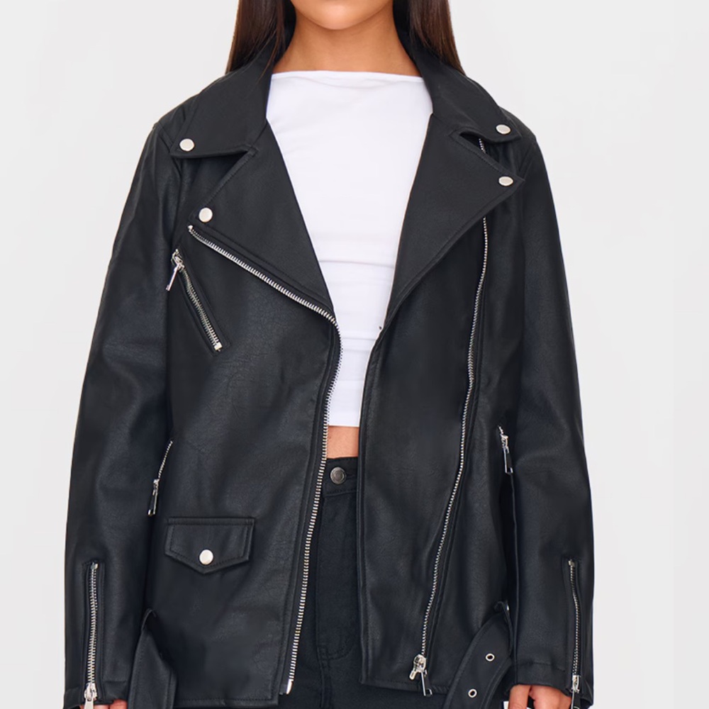 Prettylittlething Black Faux Leather Longline Belted Biker Jacket